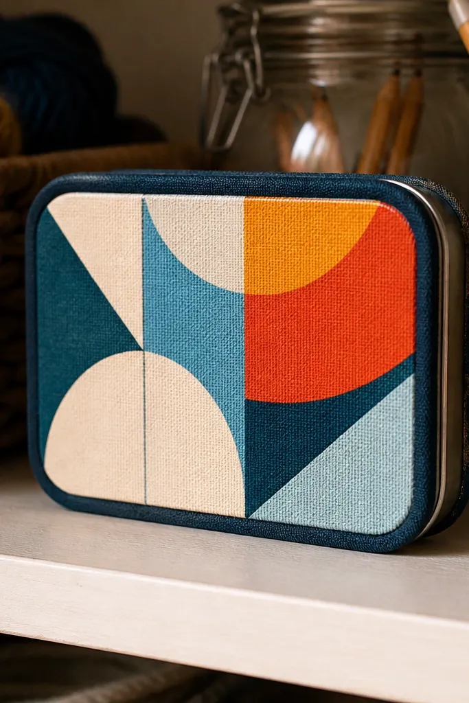 Geometric painted cover with clean fabric binding around the edges.