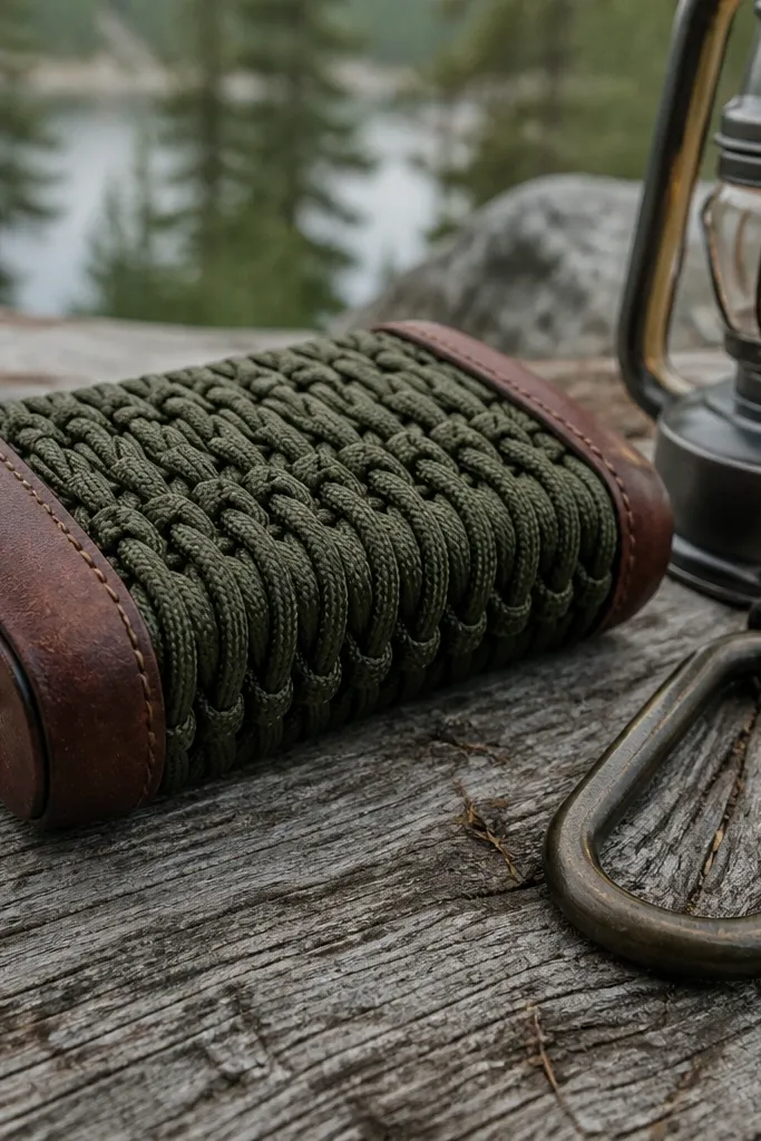 Paracord woven cover with tan leather end caps and tidy knot ends.