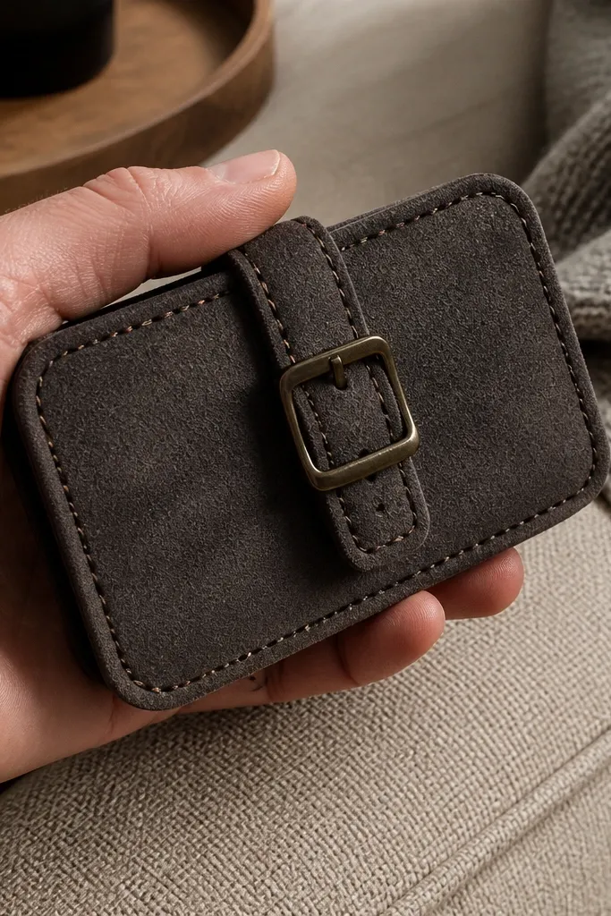 Micro-suede sleeve with a small faux buckle detail and neat stitching.