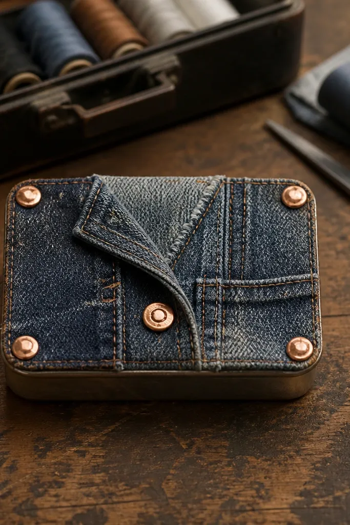 Denim patchwork Altoids wallet cover with copper rivets at corners