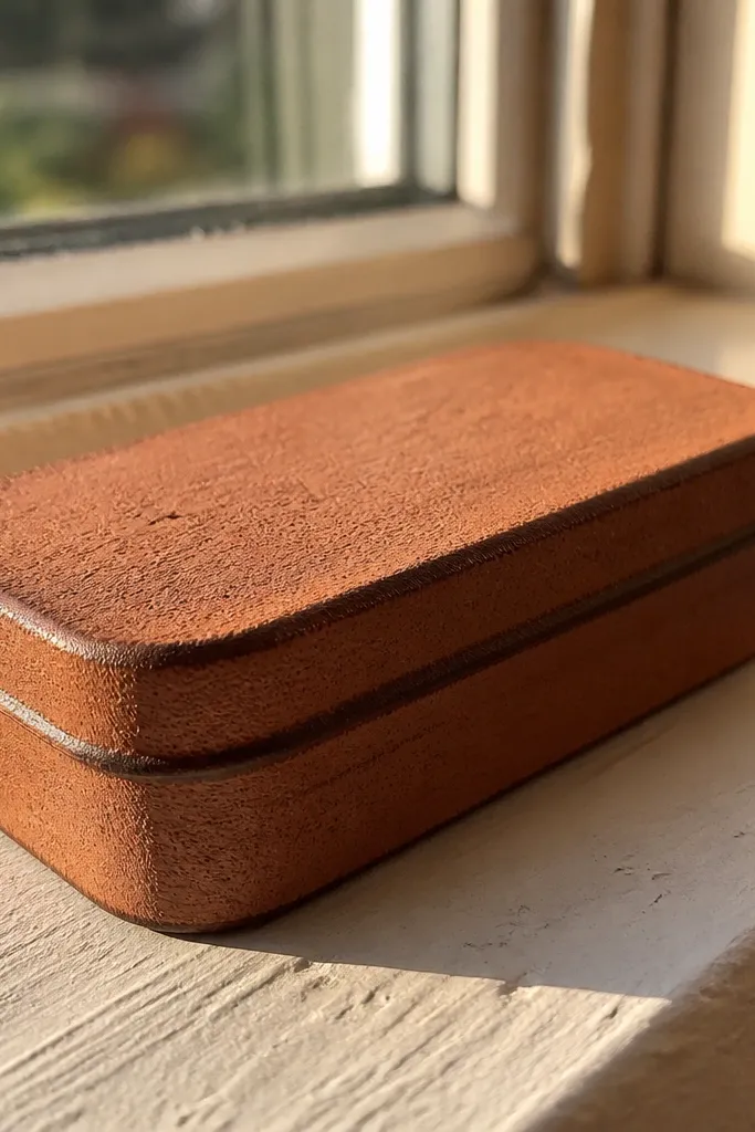Terracotta textured cover with smooth burnished edges on an Altoids wallet