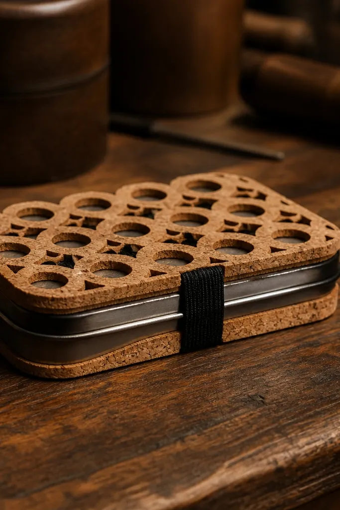 Cork slice pattern Altoids cover with black elastic hinge