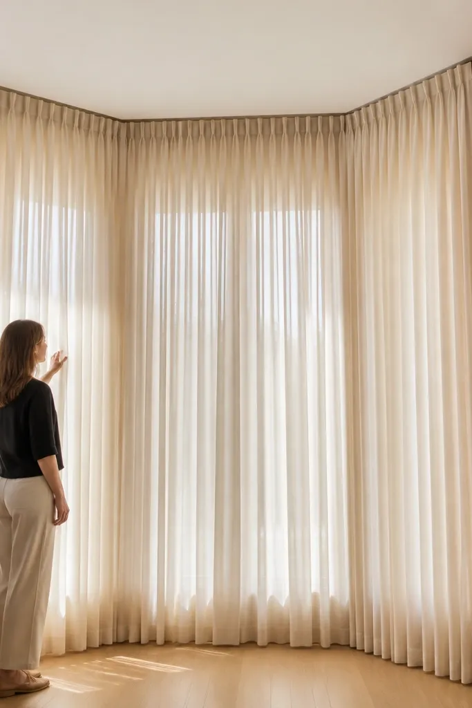 White sheer curtains on a ceiling track over a bay window