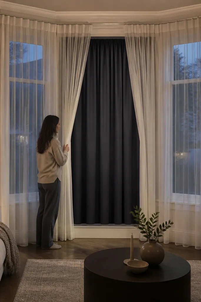 Warm ivory sheer and matte gray blackout panels on a bay window