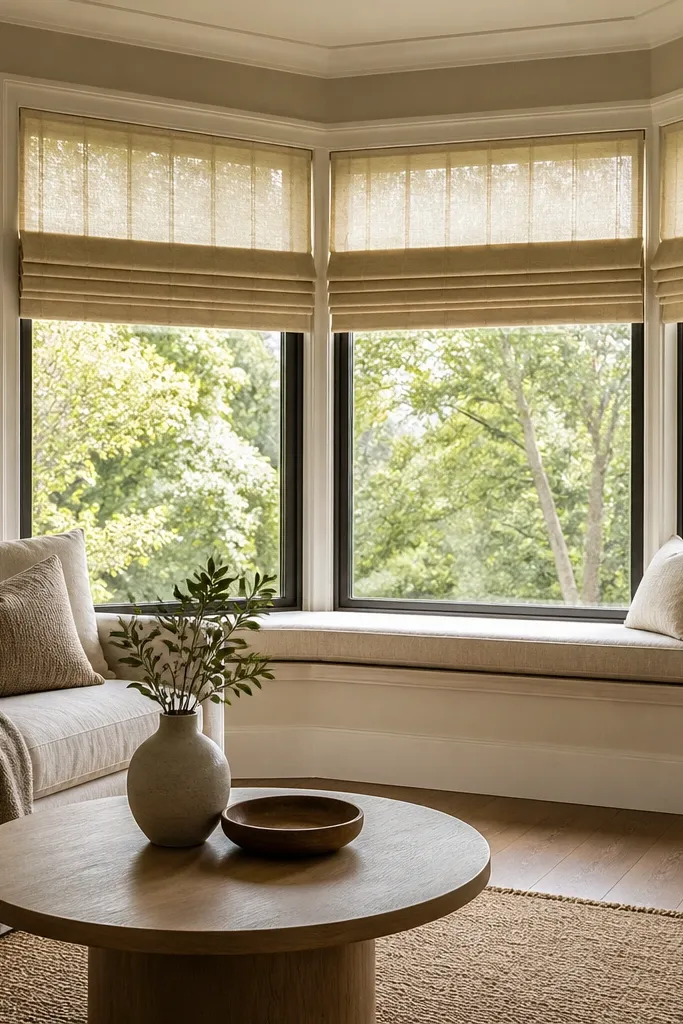 Soft white layered roman shade effect on a bay window