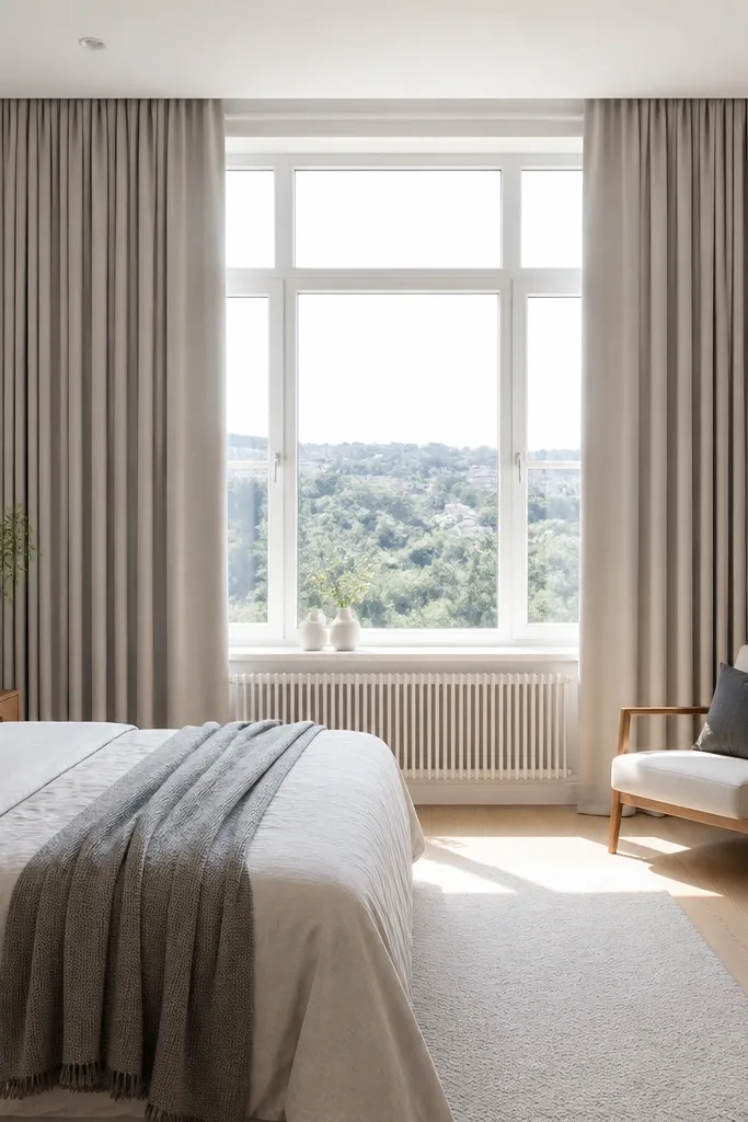 Two long curtain panels with crisp folds on a bay window