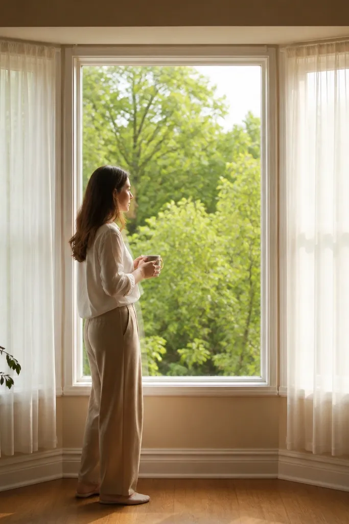 Light sheer curtains only on the angled sides of a bay window