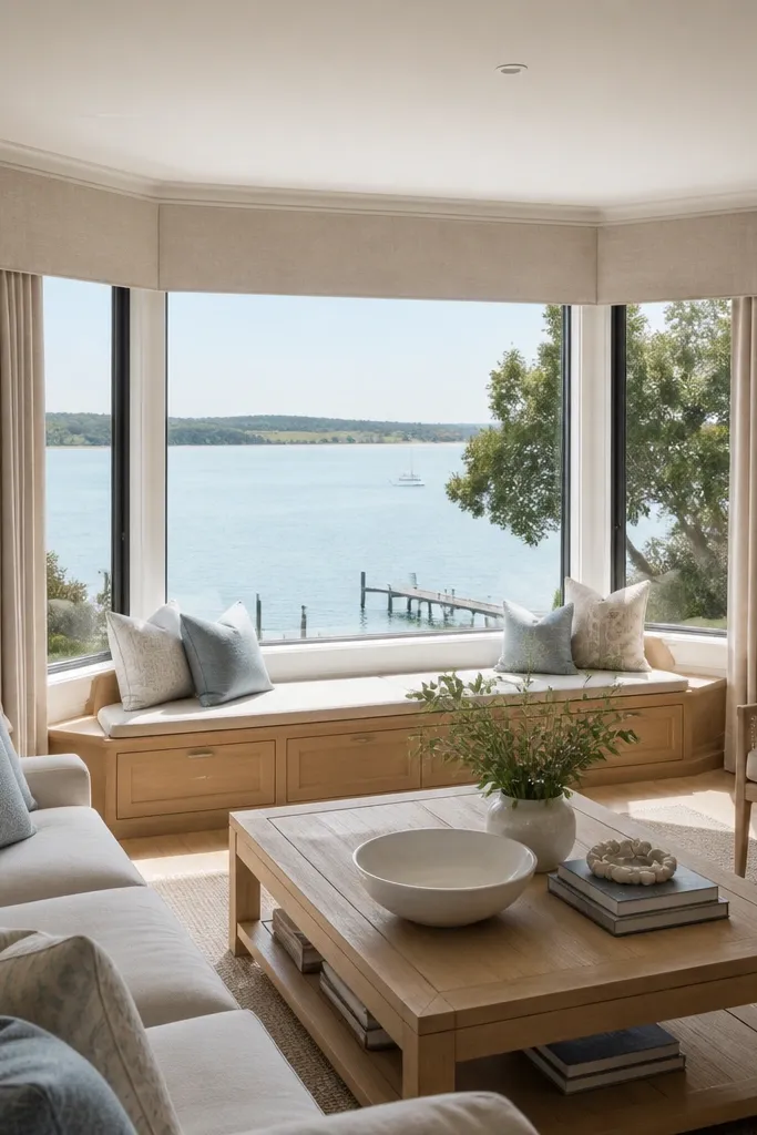 Linen-like curtains with a soft top swag above a bay window