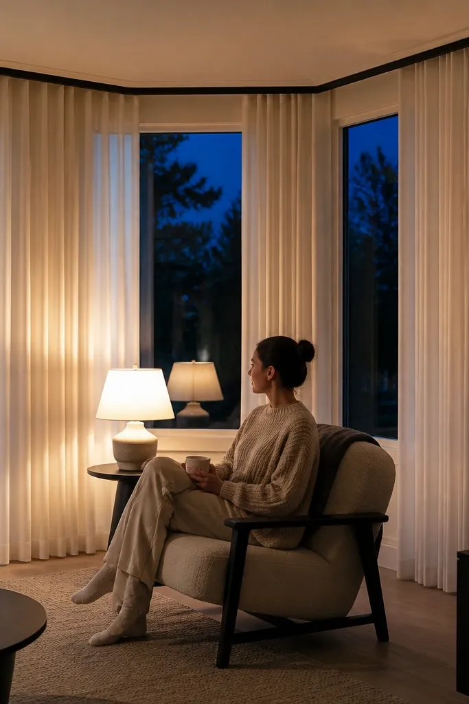 Warm ivory sheer curtains on a black ceiling track over a bay window
