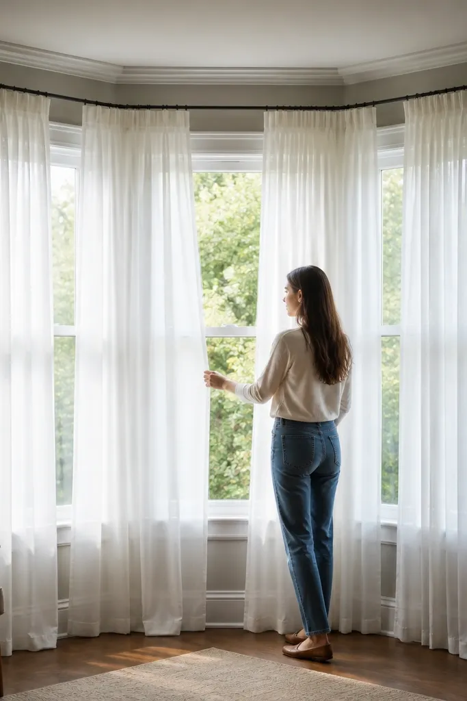 Light curtains on a tension rod that looks like it floats above a bay window