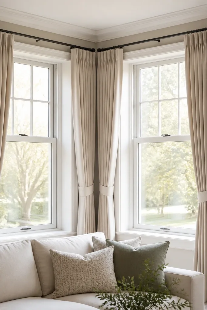 Curtains gathered neatly at bay corners with tiebacks