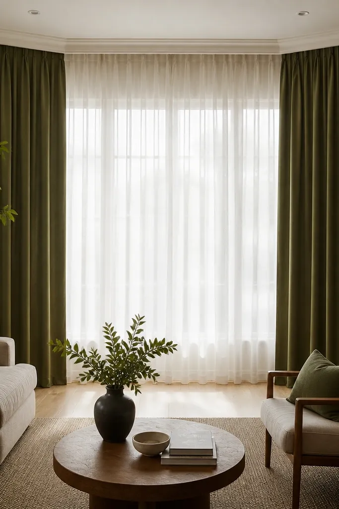 Two-tone curtain panels with a sheer middle section on a bay window
