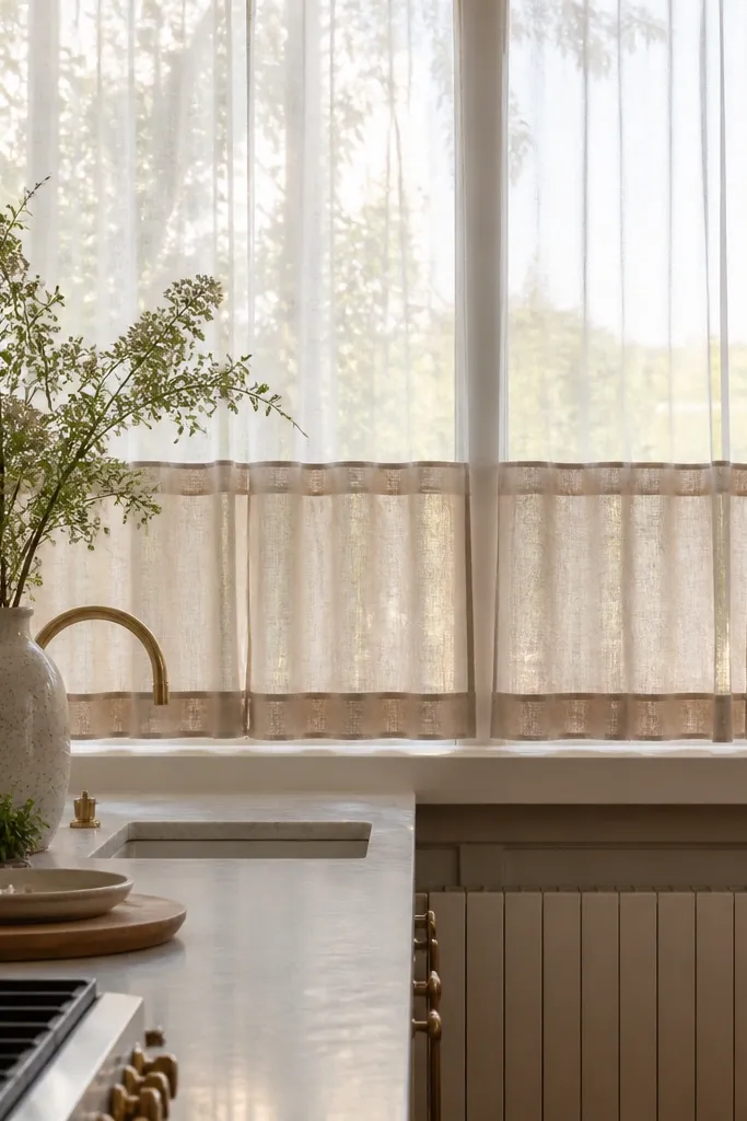 Cafe curtains at the lower half with sheer panels above on a bay window