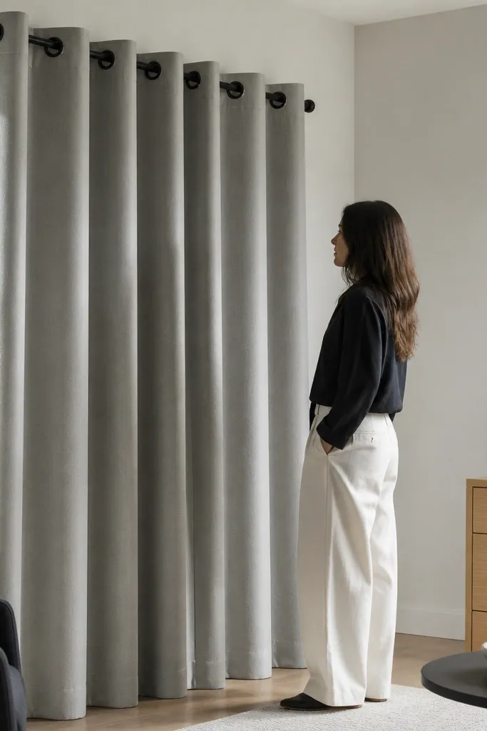 Gray curtains with large grommets on a bay window for a bold modern look