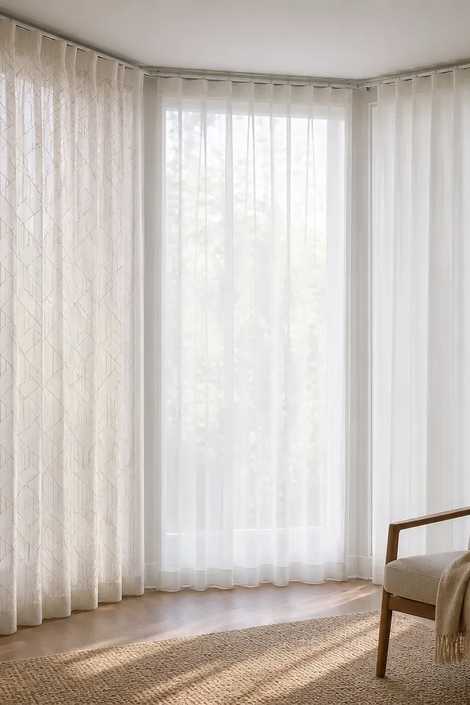 One bay face has a patterned sheer, other faces are plain sheers