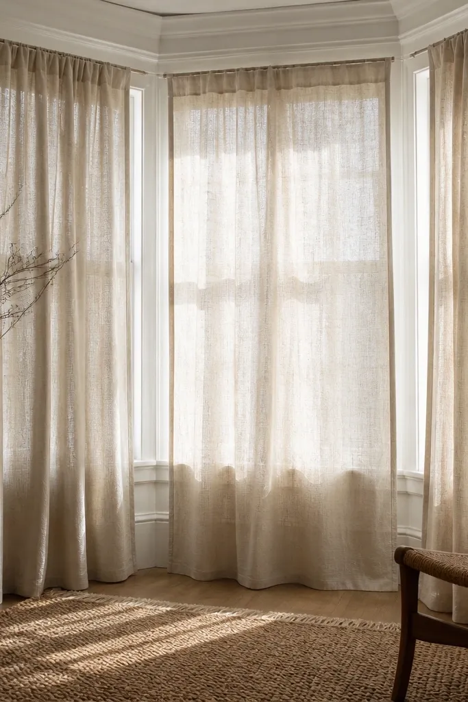 Sand-colored lined voile curtains on a bay window with minimal panels