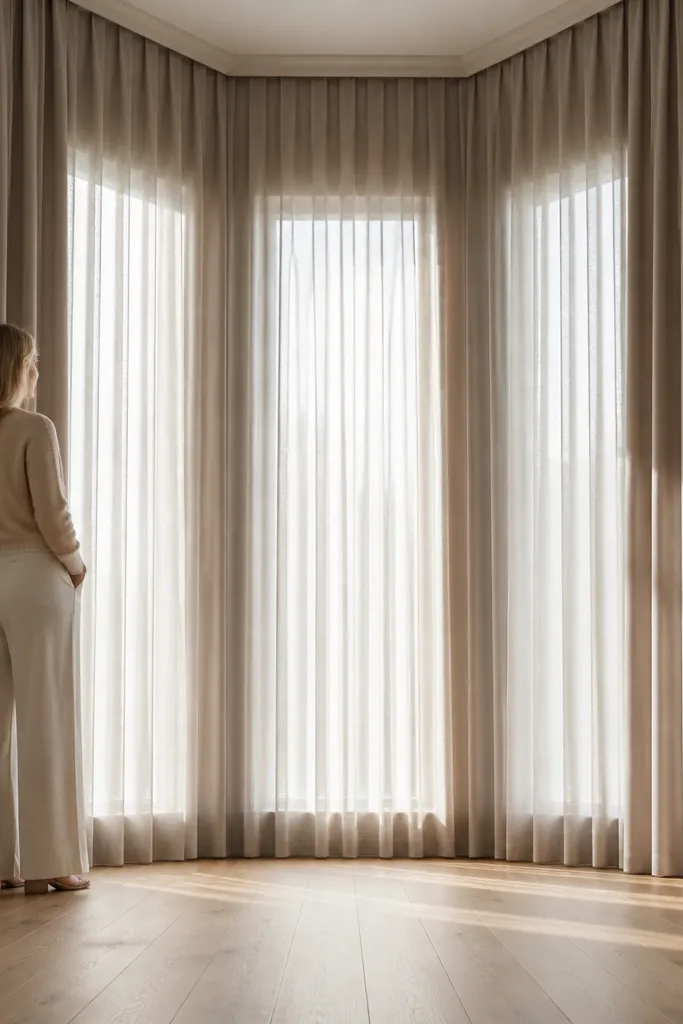 Floor-length curtains with a clean, straight bottom line on a bay window