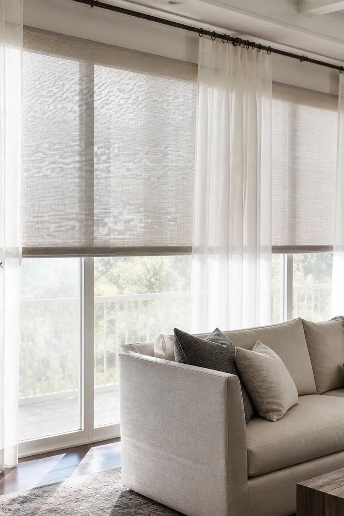Sheer curtain layer with a roller shade inside a bay window