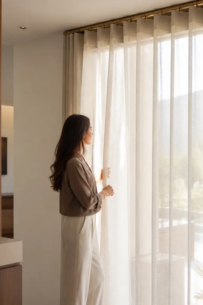 Ivory sheer curtains with a brass-colored track on a bay window