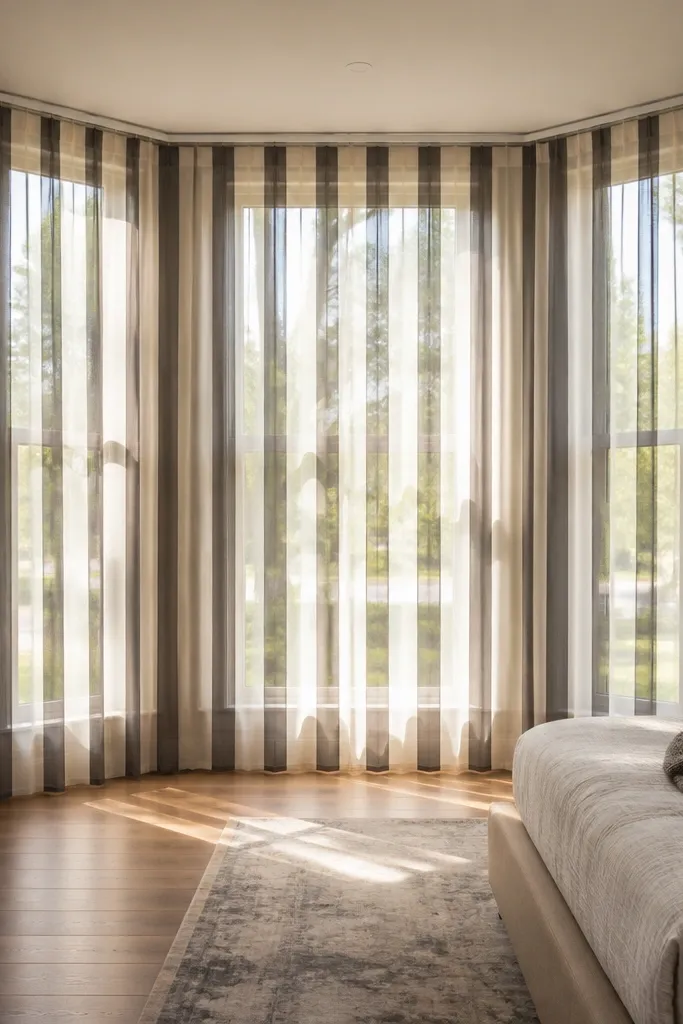 Two-tone sheer curtains with aligned vertical stripes on a bay window