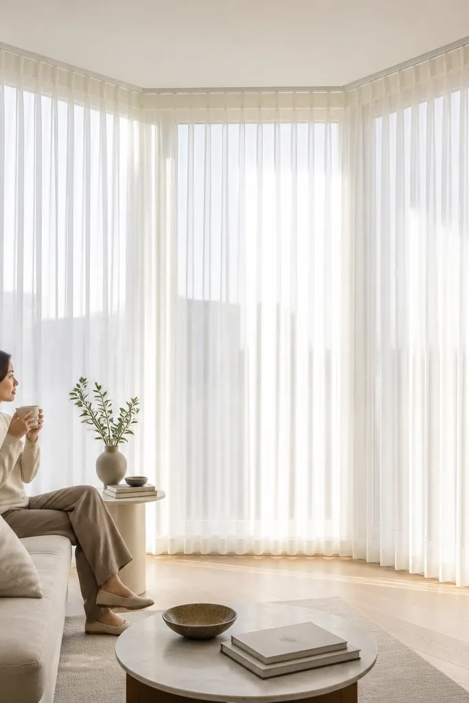 Clean sheer panels hanging from a slim track with no visible rings