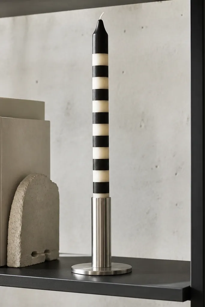 Matte black and warm white stripes on a smooth white candle