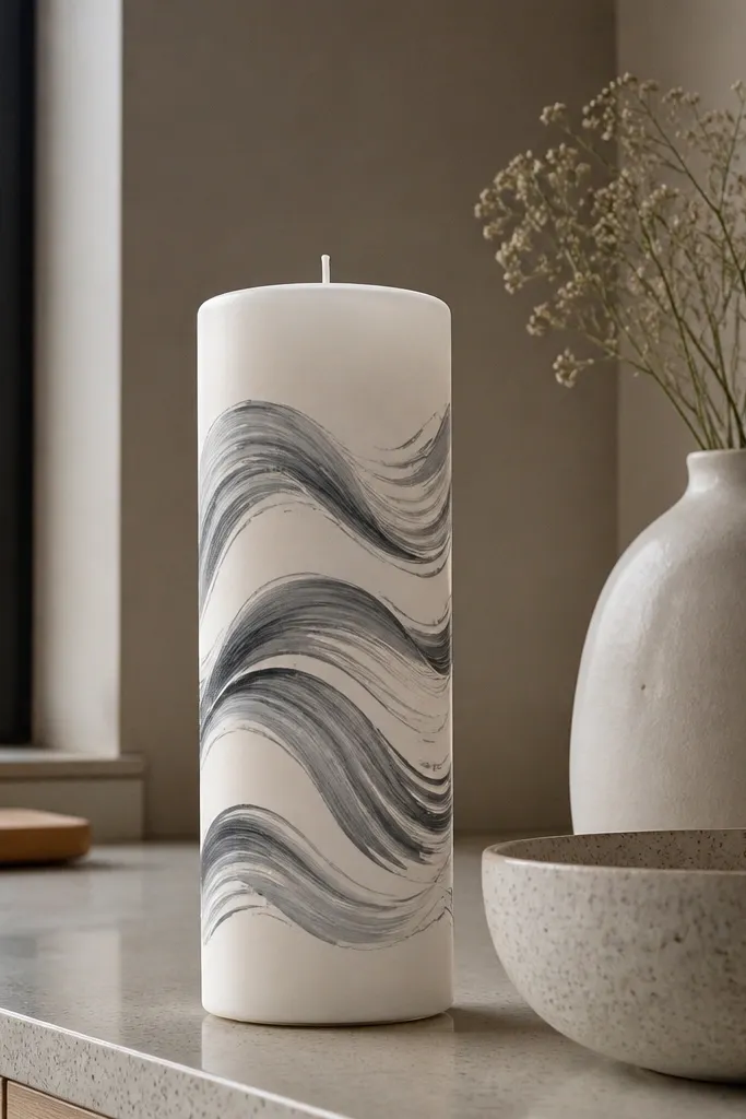 One color wave ribbons curving around a white candle
