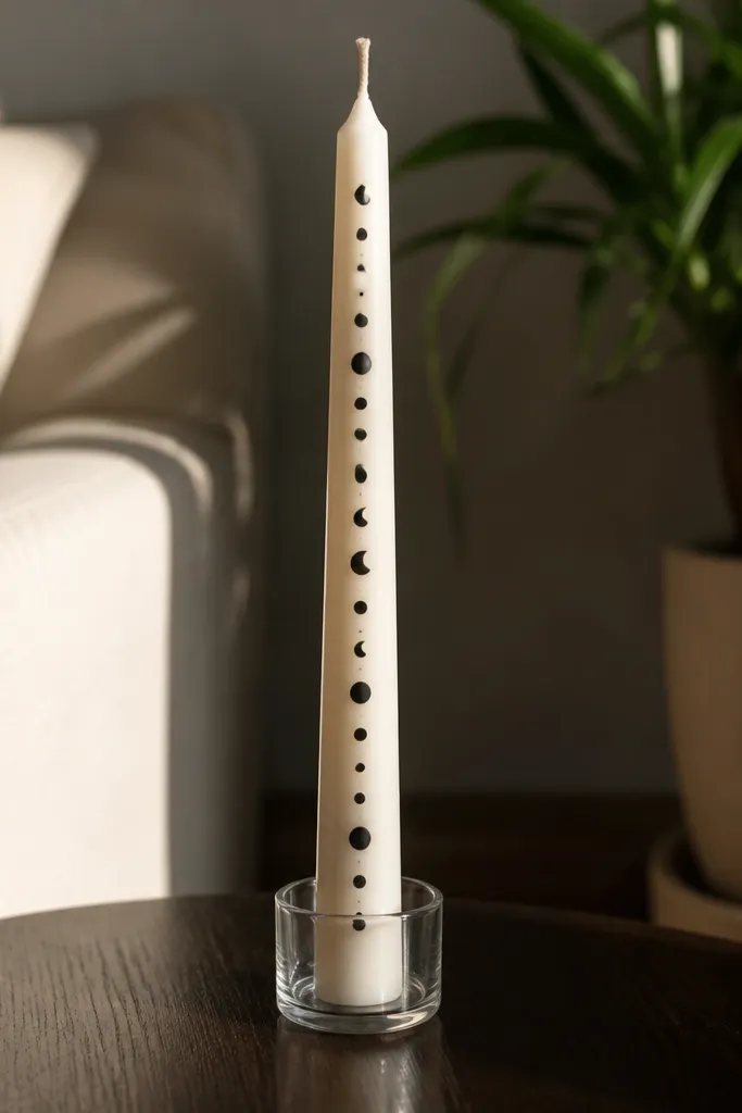 Tiny dots and small half-moons in black on a cream candle