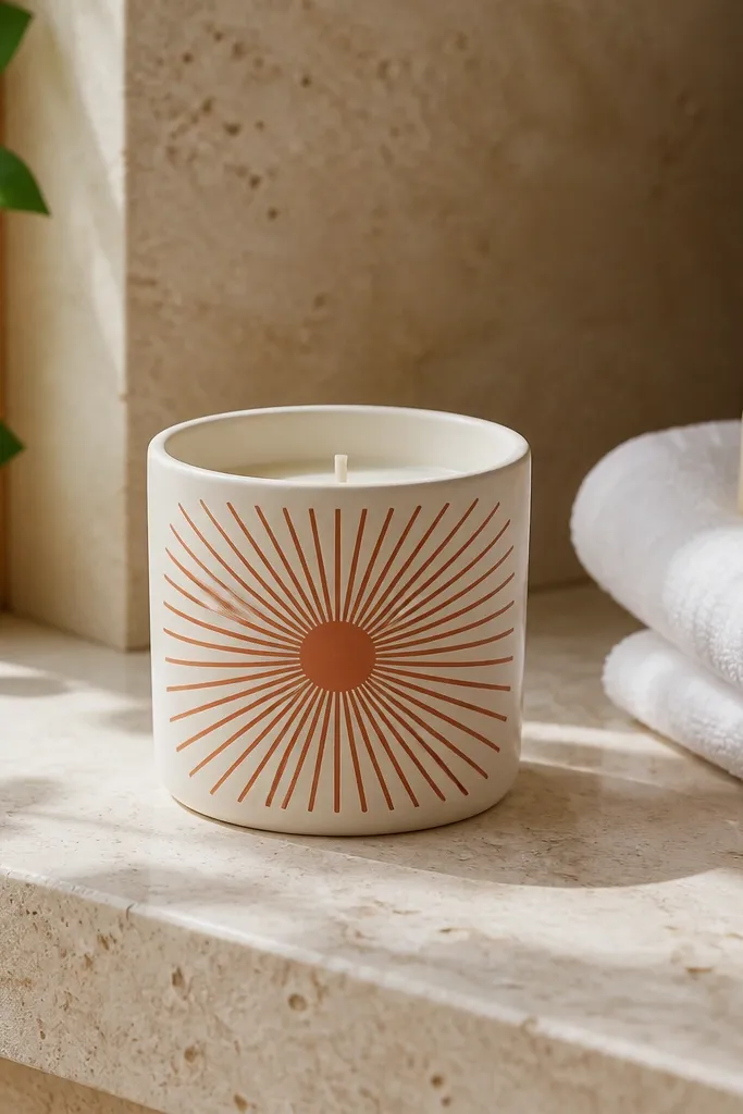 Terracotta sunburst lines radiating from center on a pale candle