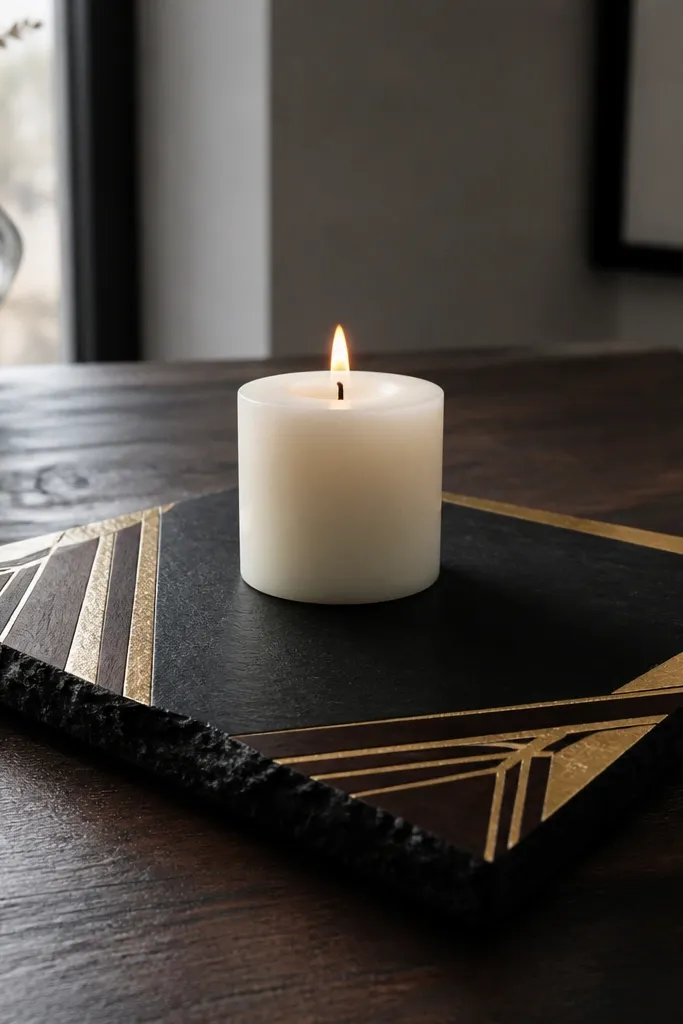 Gold and black corner frames forming art deco panels on a cream candle