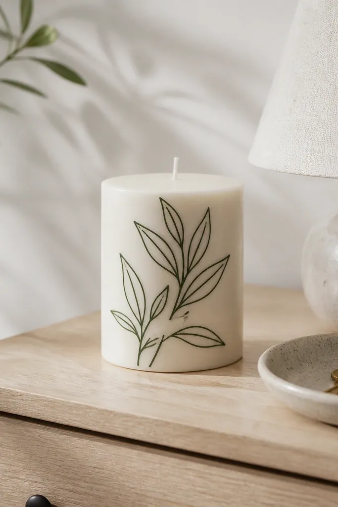 Single-color thin stem and leaf lines on a white candle