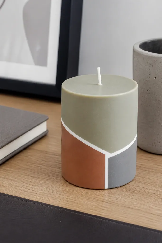 Three sharp color blocks in muted tones on a white candle