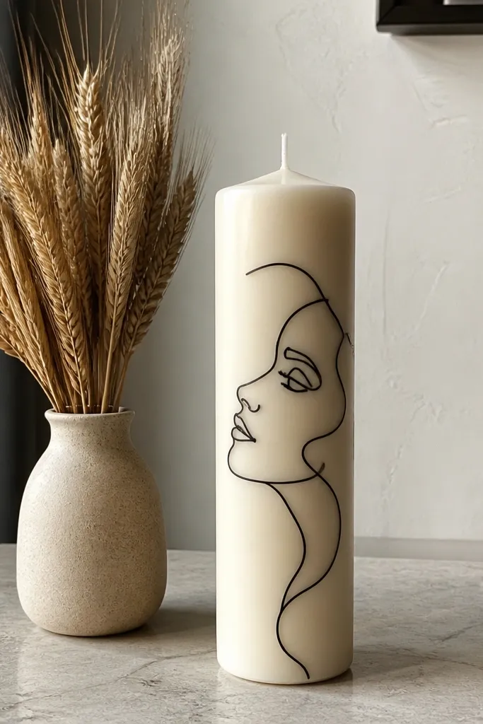 Black single-line face profile wrapping around a cream candle