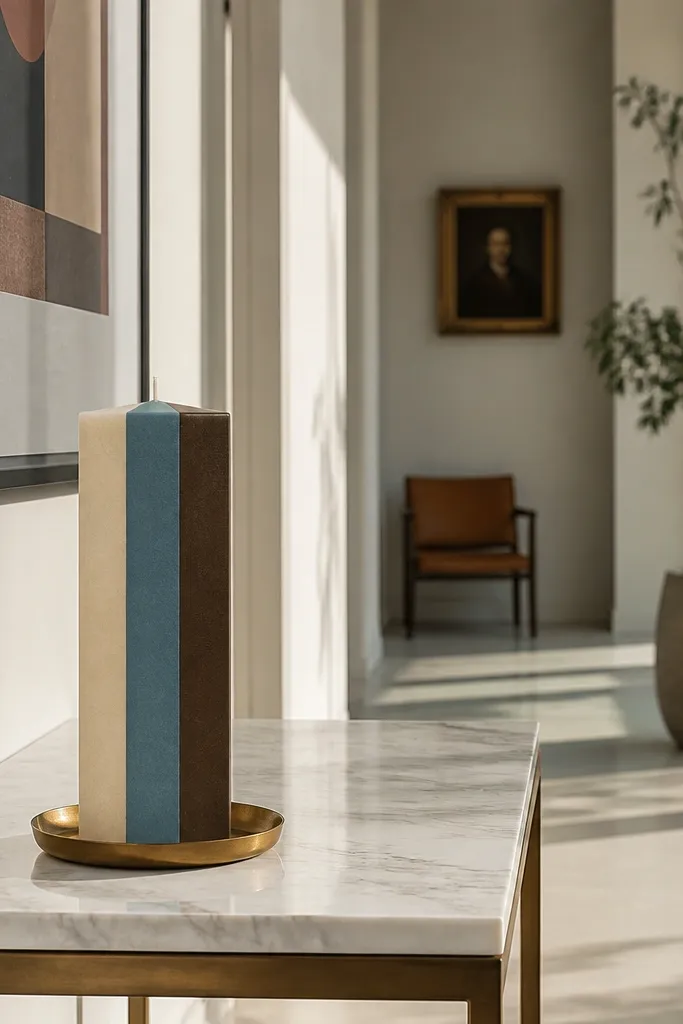 Vertical color columns in three muted tones on a white candle