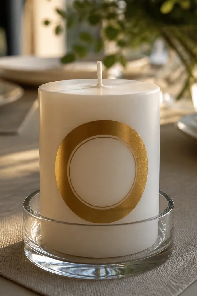 A metallic gold ring halo around a cream candle