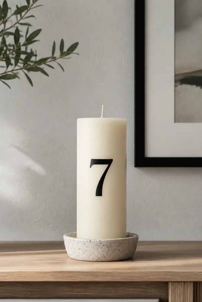 Small stencil-style numerals in black on a cream candle