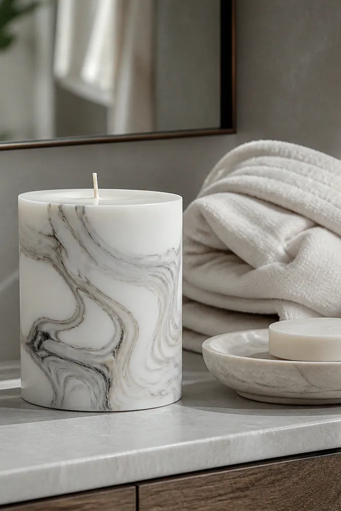 Soft gray marble-like swirls on a white candle