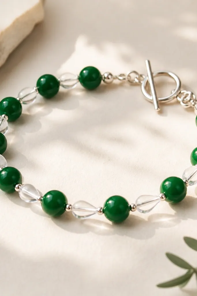 A bracelet featuring glossy deep emerald green clay beads (10mm) with a repeating pattern of small clear teardrop glass beads between them, plus a silver-toned toggle clasp.
