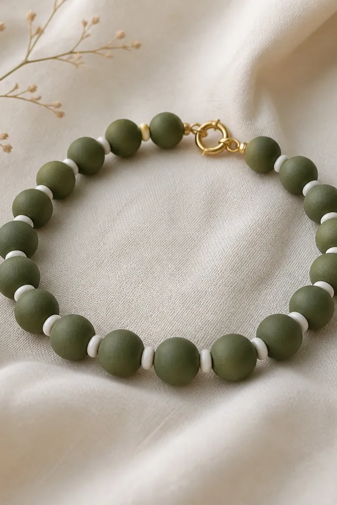 Olive green round clay beads (8mm) paired with small white spacer beads that look ceramic, ending with a simple gold clasp.