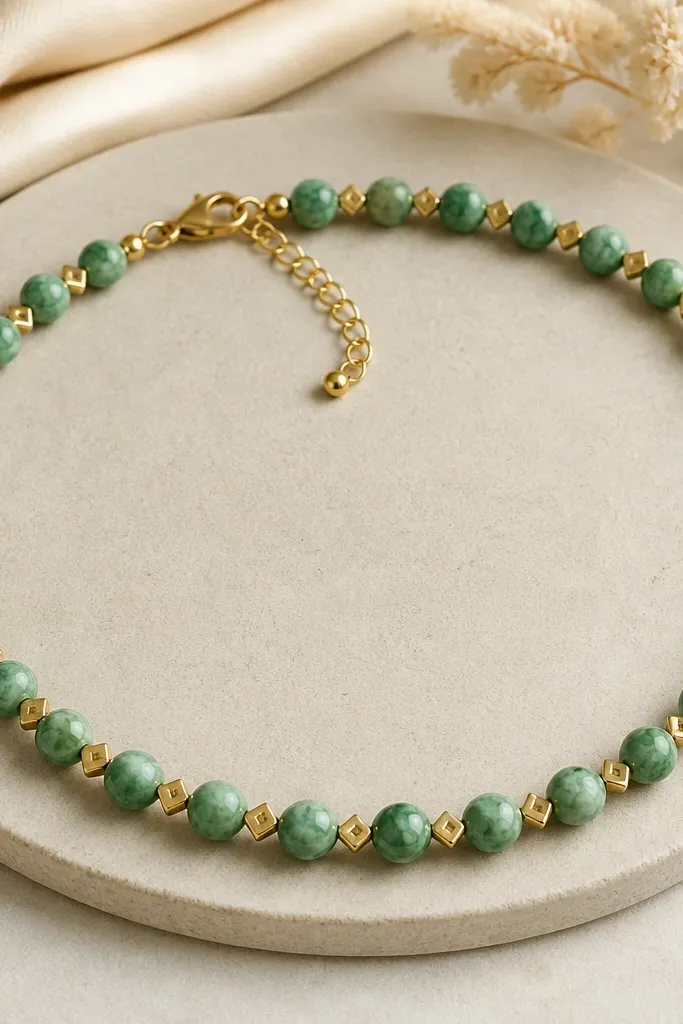 Green marble-effect clay beads (10mm) separated by small gold zigzag bar spacers and finished with a delicate chain extender.