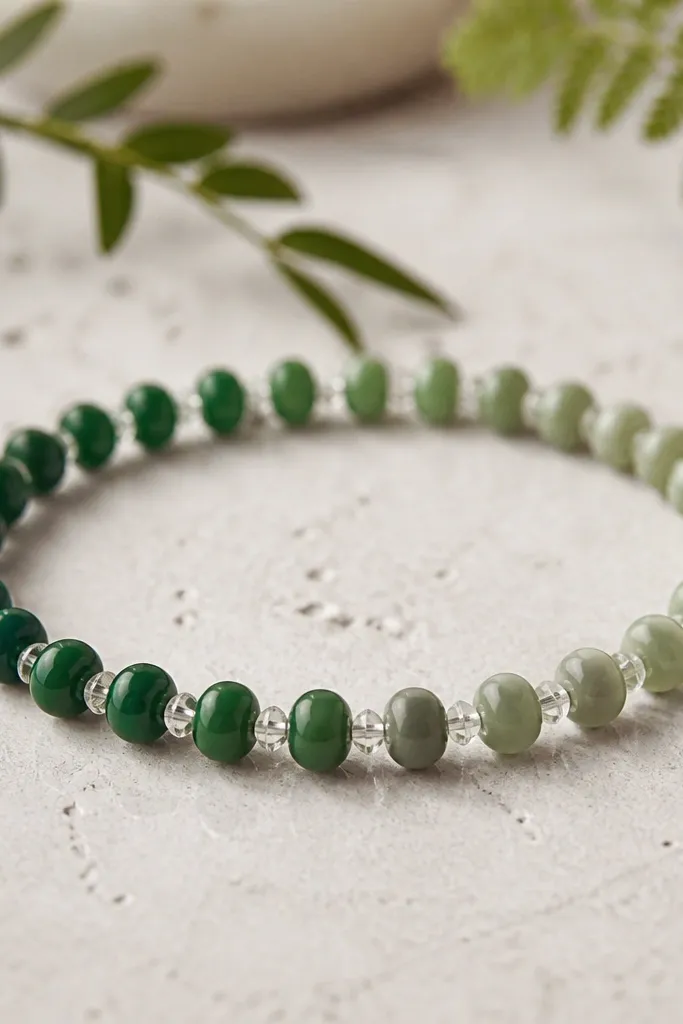 A gradient bracelet transitioning from deep emerald to sage green clay beads, with tiny clear round micro-beads between every bead.
