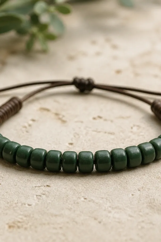 A bracelet with forest green barrel clay beads (8x6mm) strung on cord, with two short skinny leather wrap sections at each end.