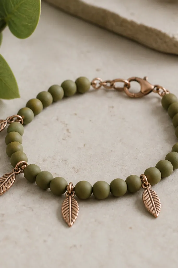 Matte olive green clay rounds (8mm) paired with small copper leaf charms hanging at intervals, finished with a copper lobster clasp.