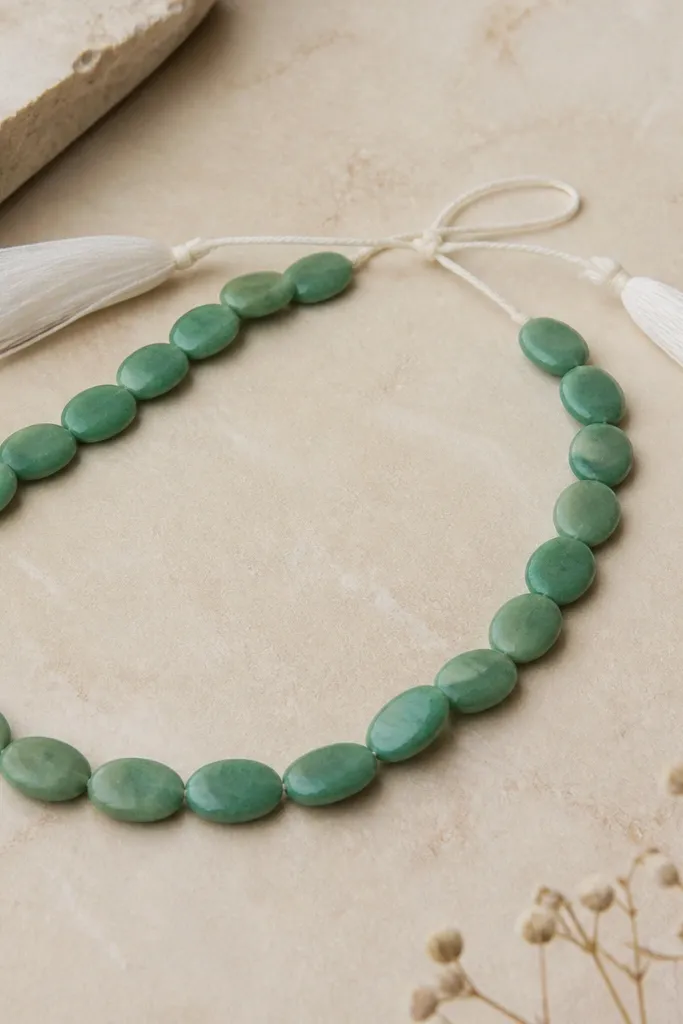 Flat jade green oval clay beads (10x7mm) strung in a line, with small white thread tassels at both ends and a simple tie closure.