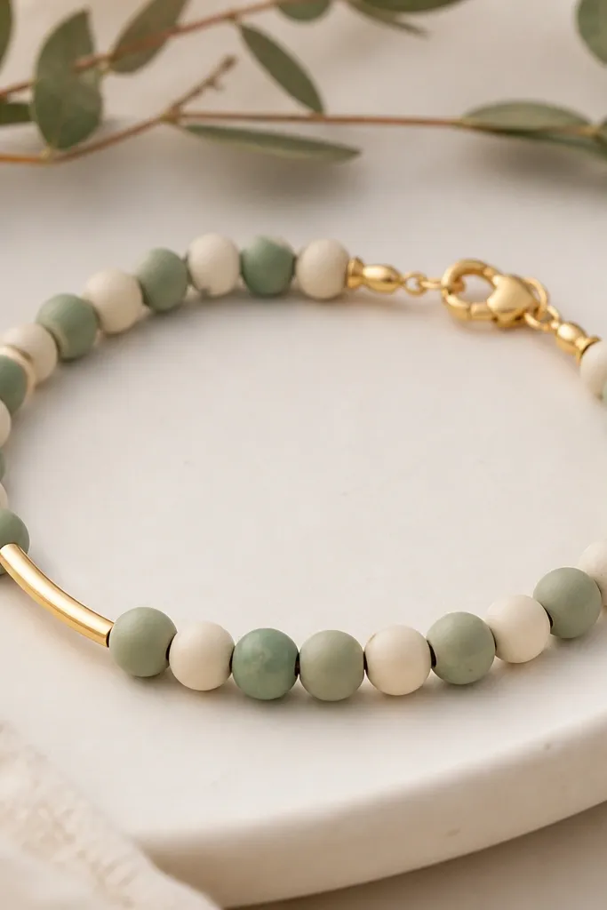 A bracelet with sage green and cream clay beads alternating, with two gold bar spacers placed near the clasp and a gold clasp at the end.