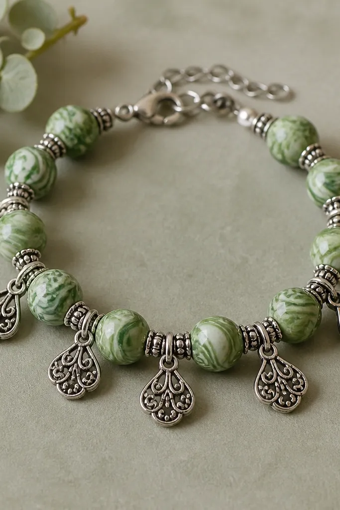 Swirled green clay beads (10mm) spaced with antique silver filigree drop charms, bracelet photographed close-up with a matte background.