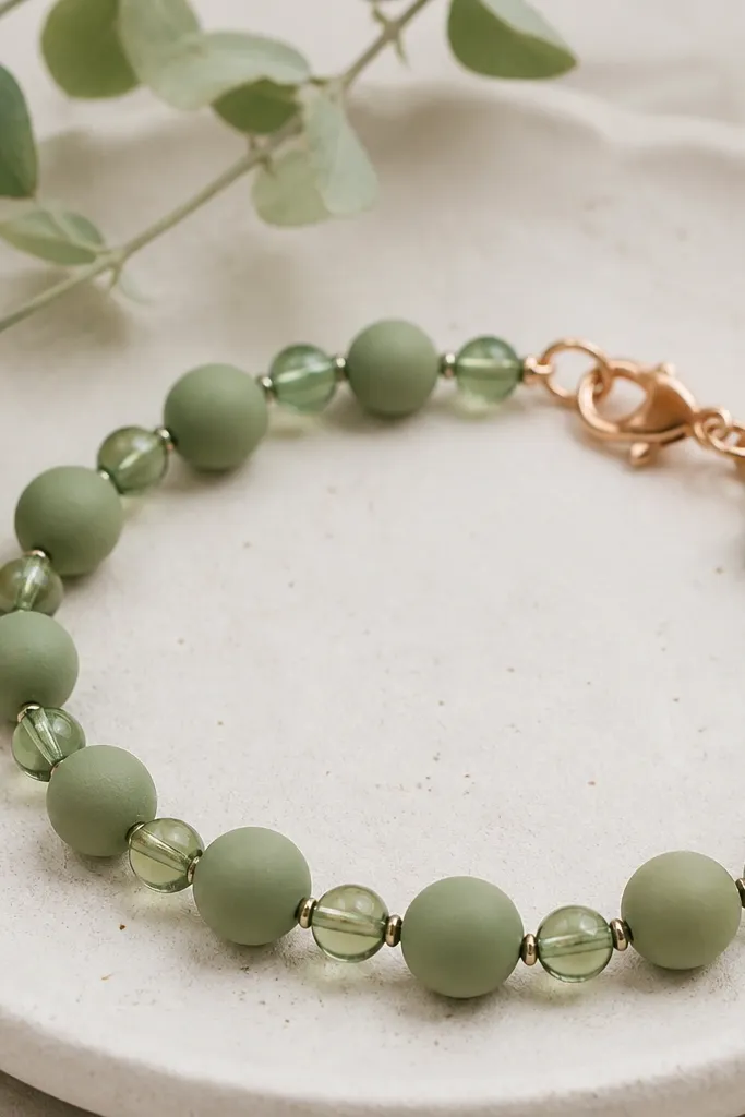 Chalky matte green clay beads (8mm) alternating with semi-transparent green glass round beads (6mm), finished with a rose-gold clasp.