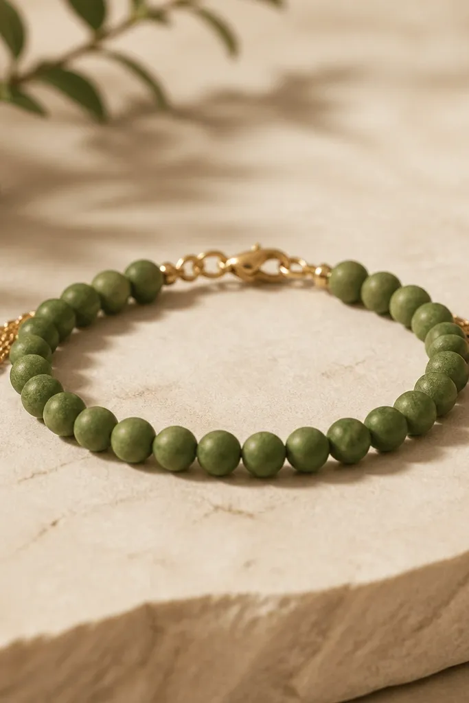 A bracelet with green clay beads (9mm) on a string, plus tiny micro chain fringe hanging from both ends, with a small clasp in the center back.
