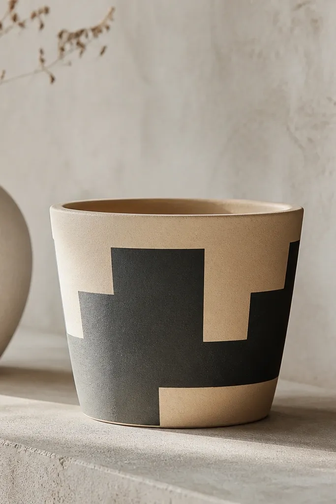 A terracotta pot painted in a warm sand beige base with crisp charcoal rectangles arranged in a stepped pattern around the pot; edges are sharp and tape-straight.