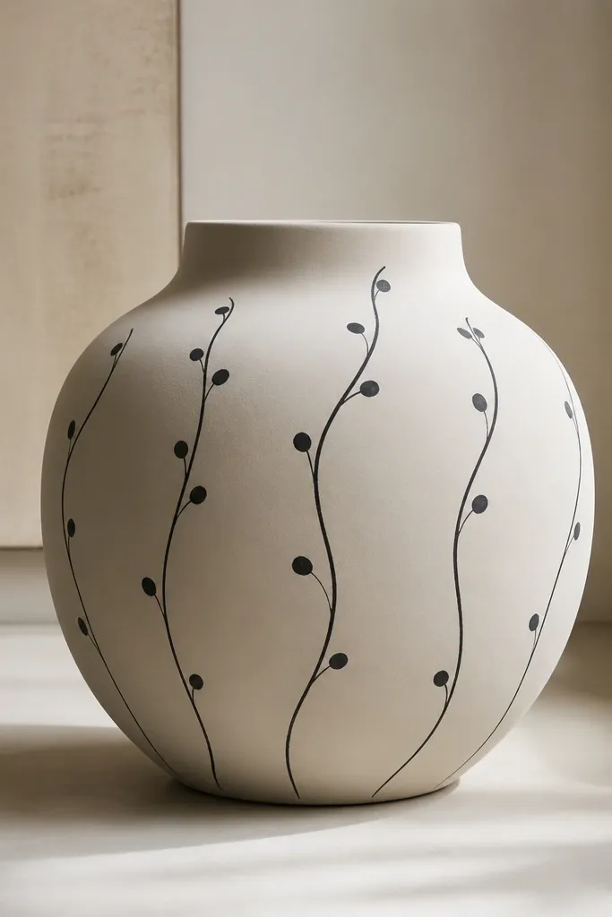 A matte off-white pot with thin black vine lines curling upward, with a few small dot leaves spaced evenly; the lines are slightly imperfect but crisp.